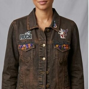 Xhilaration ORANGE Embroidered Jean Jacket with Colorful Patch Details